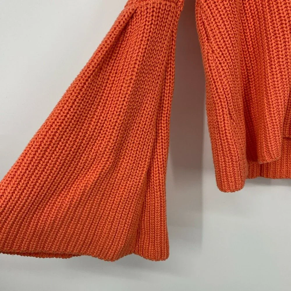 Free People Sweater Damsel Orange VNeck Ribbed Pullover Bell Sleeve